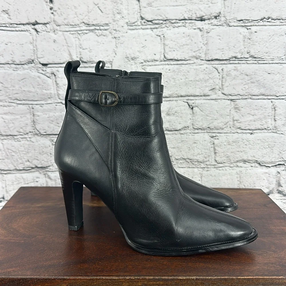 VALLEY LANE Leather Pointed Toe Ankle Buckled Strap Heeled Boots 7B Black VGC!